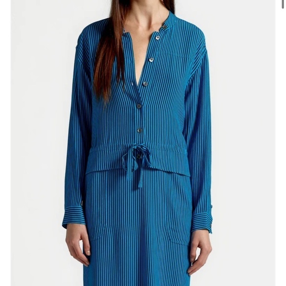 Equipment Lizza Striped Dress Drawstring Waist Long Sleeve Blue Black 4 - Picture 9 of 10